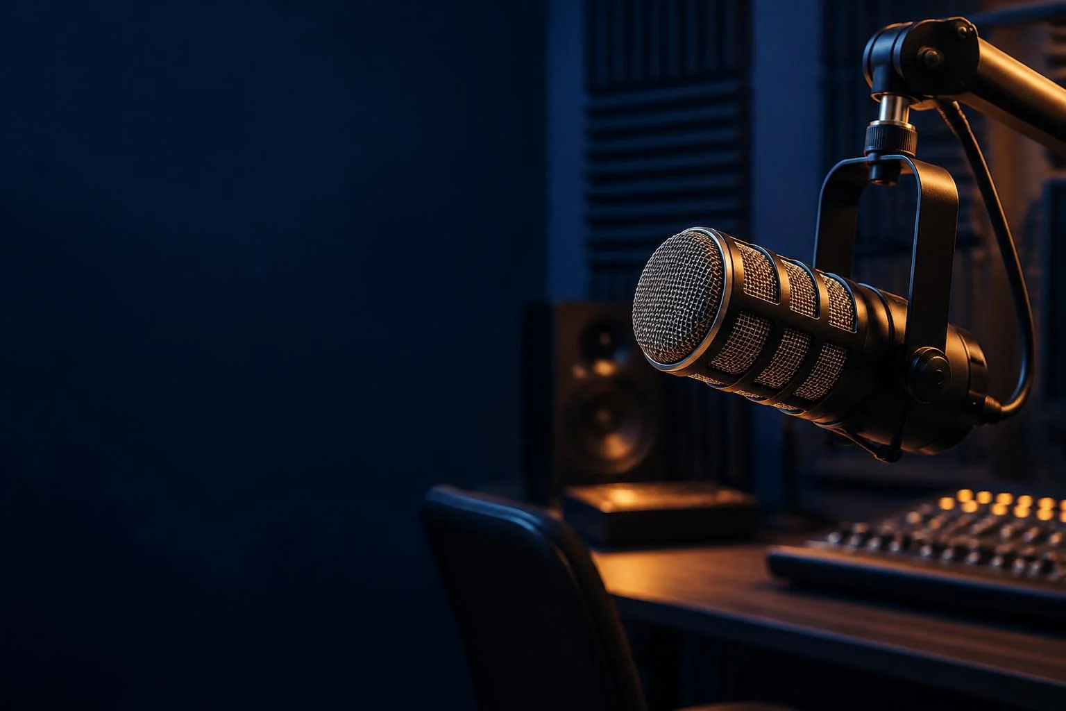 Micrófono profesional en un estudio de radio con iluminación cálida